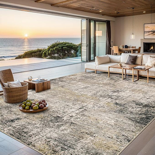 Area Rugs 10x12 Living Room - Washable Rug Modern Abstract Soft Large Neutral Non-Slip Carpet Indoor Floor Thin Carpets for Bedroom Dining Room Farmhouse Nursery Home Office Brown Black Grey