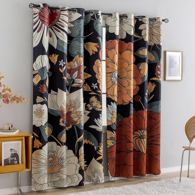 Tyrot Black Boho Floral 100% Blackout Curtains for Bedroom 63 inch Long 2 Panels Mid Century Botanical Black Out Curtains for Living Room Grommet Thermal Insulated Room Darkening Window Drapes,52Wx63L