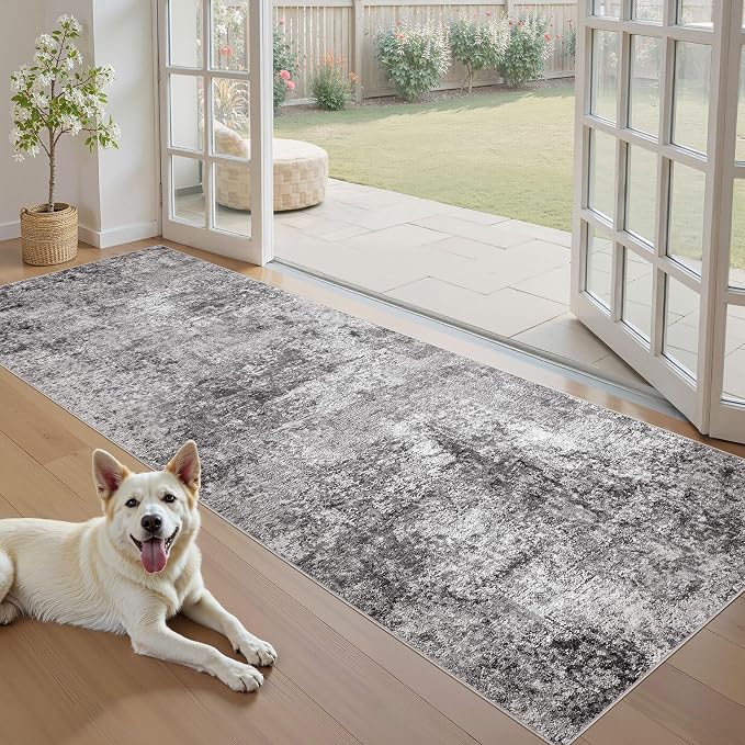 DMOYEST Washable Runner Rug for Hallway: 3x8 Neutral Modern Abstract Low Pile Area Rug with Non-Slip Backing - Carpet for Bedroom Kitchen Laundry Entryway Bathroom Indoor - Grey
