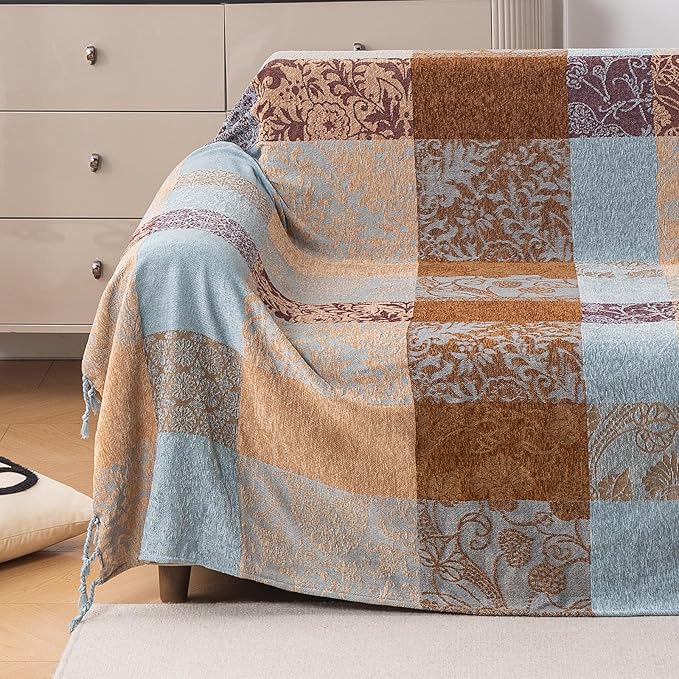 Bohemian Chenille Throw Blanket, Boho Jacquard Tassels Cover for Couch Bed, Decorative Sofa Slipcover Protector - Colorful Tribal Pattern (Vintage, 60 * 75 in)