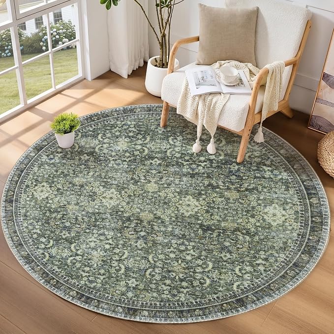 Sasttie Round Rugs 6ft, Ultra-Soft Washable Circle Rug, Low Pile Foldable Thin rugs with Non-Slip Backing, Skin-Friendly Stain Resistant Carpet for Living Room, Bedroom, Kitchen, Dorm, 6ft, Dark Green