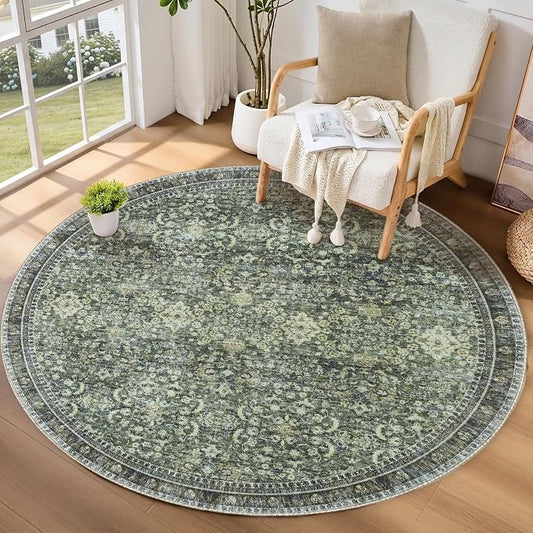 Sasttie Round Rugs 6ft, Ultra-Soft Washable Circle Rug, Low Pile Foldable Thin rugs with Non-Slip Backing, Skin-Friendly Stain Resistant Carpet for Living Room, Bedroom, Kitchen, Dorm, 6ft, Dark Green