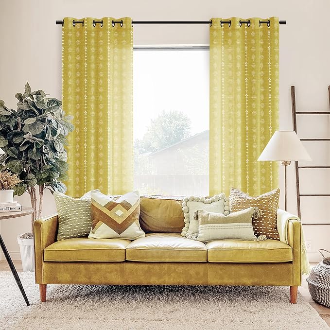 Mustard Yellow Retro Mid Century Modern Curtains,Colorful Boho Sheer 70s MCM Funky Curtains for Living Room Bedroom