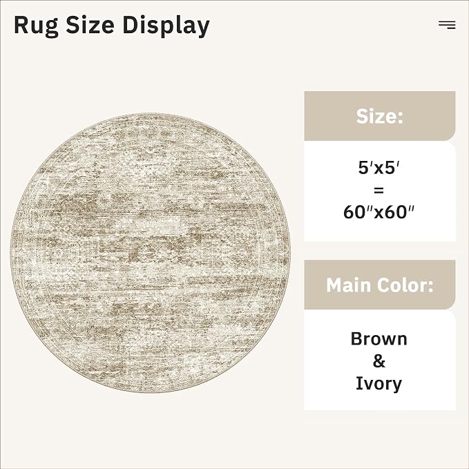 Soalmost 5x5 Brown Round Rug 5ft Living Room Circle Rug Vintage Round Area Rug Non Slip Indoor Carpet for Entryway Dining Room Bedroom