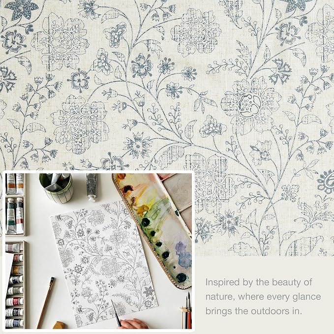 Vision Home Blue Leaf Floral Print Pinch Pleat Light Filtering Curtains, Linen Window Drapes with Microfiber Liner & Back Tab Hooks for Living Room Bedroom, Farmhouse Cottagecore 40x102 Inch Set of 2