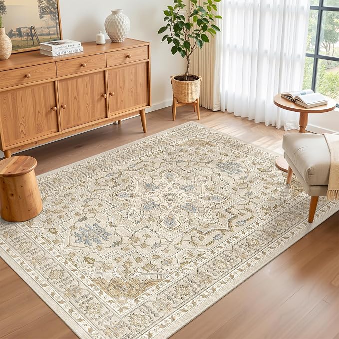 Madane Area Rug 3x5, Washable Vintage Entry Rugs for Bedroom, Beige/Blue | Vintage Entryway Bedroom Non Slip Door Mat Indoor Entrance, Kitchen Runner Living Room Laundry Playroom Soft Floor Carpets