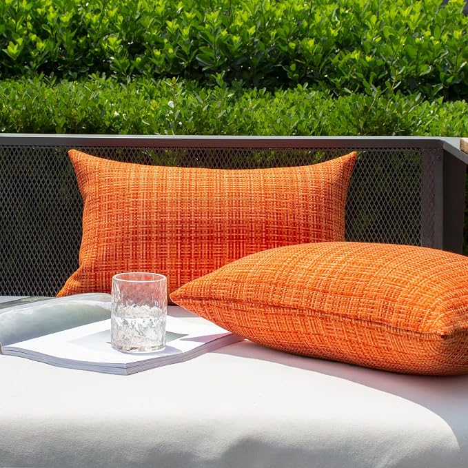 Kevin Textile Outdoor Waterproof Throw Pillow Covers 12x24 Inch Pack of 2 Woven Faux Linen Farmhouse Decorative Water Resistant Lumbar Cushion Covers for Tent Patio Garden Couch Sofa Orange