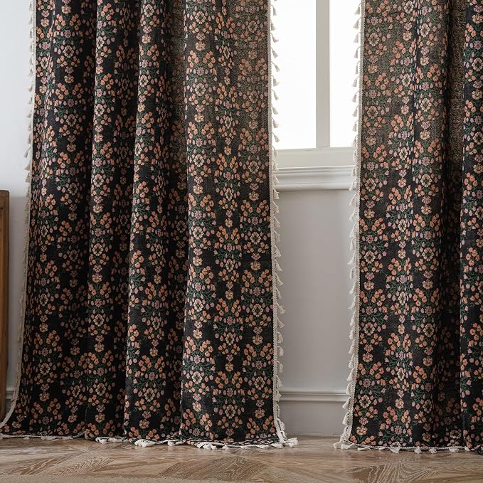 ENJOYBRIDAL Floral Curtains 84 Inch Length 2 Panels Boho Jacquard Drapes Black Cottagecore Living Room Semi Sheer Window Curtain Panels Farmhouse Bedroom Chic Decor Rod Pocket Tassel Window Treatments