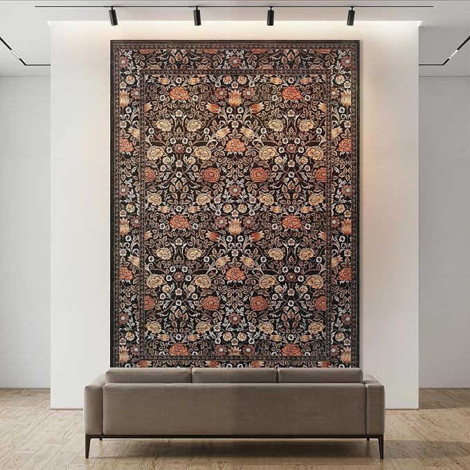 GarveeHome Brown Vintage Floral Washable 8x10 Area Rugs for Living Room Black Boho Botanical Retro Rug Low Pile Stain Resistance Non Slip Carpet for Bedroom Nursery Dining Room