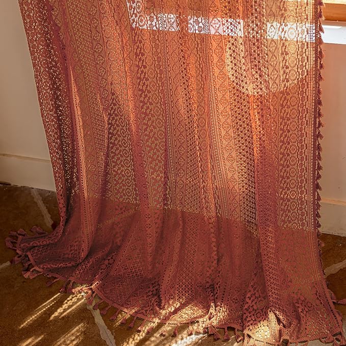 WAZZIO Boho Lace Curtains 80 Inches 2 Panel,Light Filtering Privacy Tassel & Geometry Crochet Semi Sheer Curtain Drapes for Bedroom Living Dining Room,Rod Pocket & Tassel,Full Decor,Burnt Orange