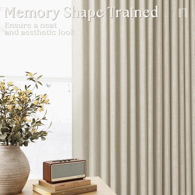 86 Inch Linen Neutral Curtains 2 Panels Set Pinch Pleated for Living Room Bedroom Memory Training Shaped Semi Sheer Neutral Beige Flax Burlap Pleat Drapes Hooks Rings Light Filtering Window Curtain