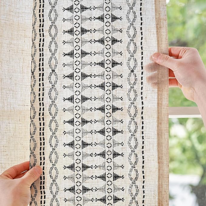 jinchan Boho Curtains Embroidered Linen Blend Window Curtains for Bedroom, Drapes 84 Inch Length 2 Panels Set, Geometry Grommet Bohemian Window Treatments Set for Living Room Black on Beige