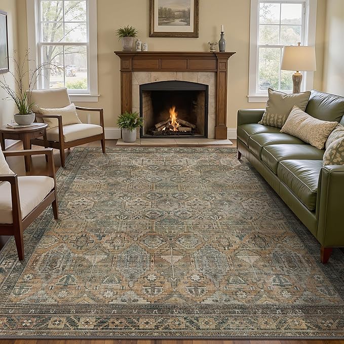 GENIMO 8x10 Area Rugs for Living Room, Machine Washable Non Slip Vintage Rugs, Low Pile Lightweight Chenille Print Rug for Bedroom, Dining Room, Home Office, WarmTaupe