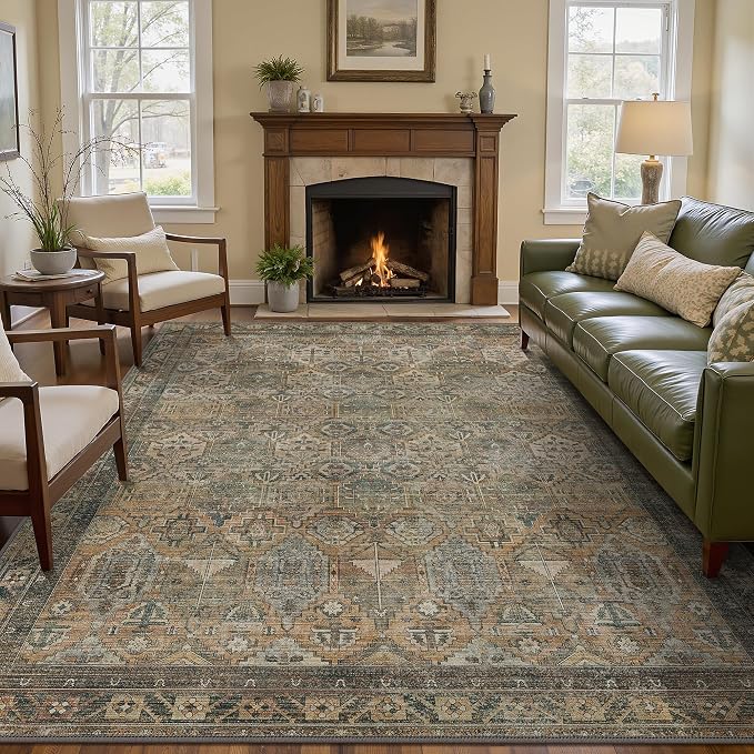 GENIMO 6x9 Area Rugs for Living Room, Machine Washable Non Slip Vintage Rugs, Low Pile Lightweight Chenille Print Rug for Bedroom, Dining Room, Home Office, Warm Taupe