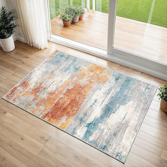 2x3 Washable Entryway Area Rug - Abstract Kitchen Rugs with Premium Non-Slip Backing Soft Low-Pile Small Carpet for Bathroom Bedroom Living Room Home Decor（Blue Brick，2x3）