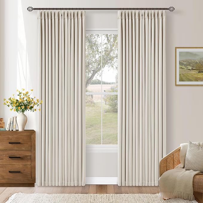 Pleated Cream Ivory 86 Inch Blackout Curtains for Living Dining Room 2 Panels Set Boho Farmhouse Pinch Pleat Natural Linen Black Out Bedroom Curtains Thermal Insulated Room Darkening 2 Layer Design