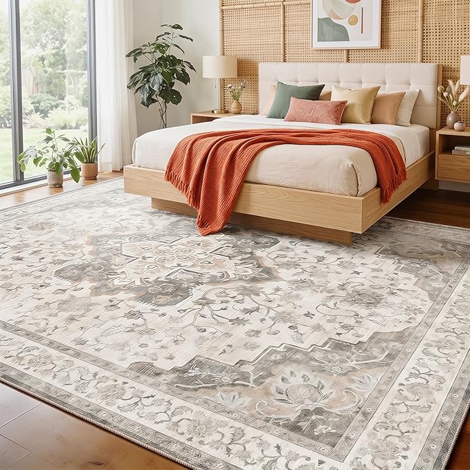 AMADA HOMEFURNISHING 9x12 Washable Area Rug, Low-Profile with Non-Slip Backing & Durable Edge Binding, Vintage Large Rugs for Living Room, Bedroom, Dining Room, Brown