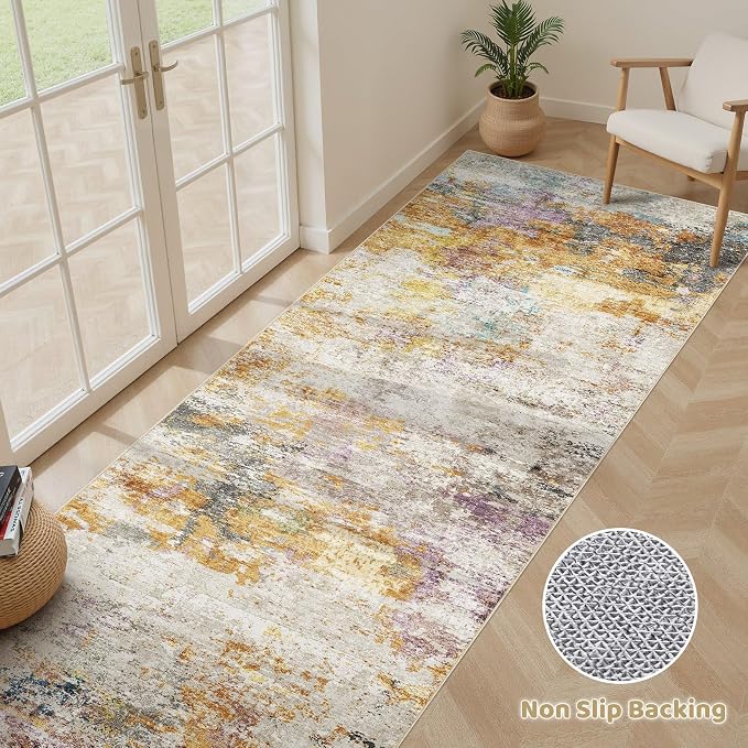 Runner Rug Kitchen Washable Rugs: 2x6 Non-Slip Abstract Soft Modern Stain Resistant Indoor Floor Neutral Accent Throw Carpet for Hallway Bathroom Laundry Room Entryway Bedroom- Gold Colorful