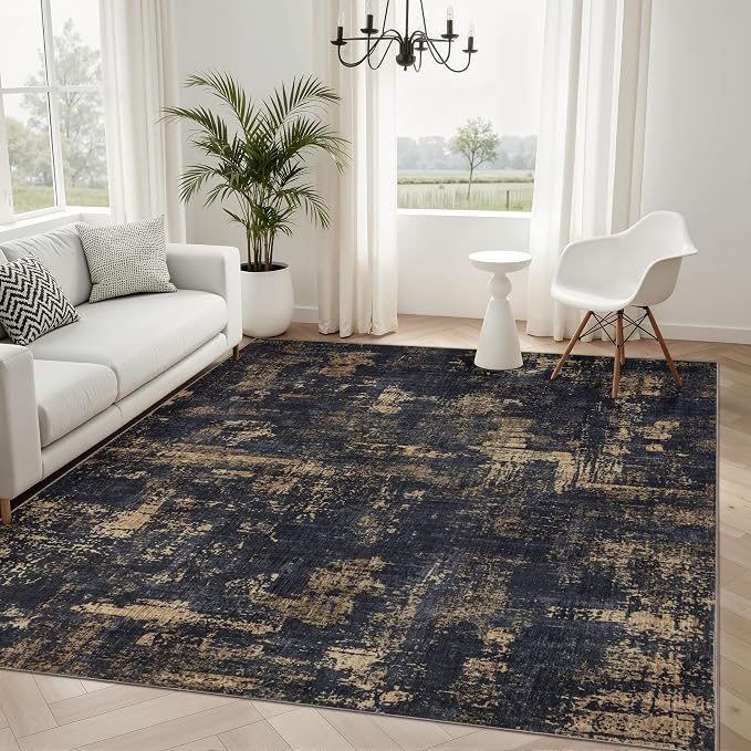 Sasttie 4x6 Soft Area Rug for Living Room, Modern Abstract Washable Carpet for Bedroom, with Non-Slip Backing, Black and Gold