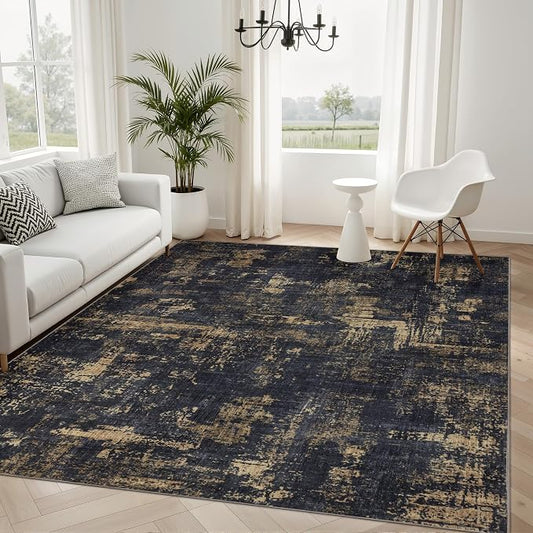 Sasttie 4x6 Soft Area Rug for Living Room, Modern Abstract Washable Carpet for Bedroom, with Non-Slip Backing, Black and Gold