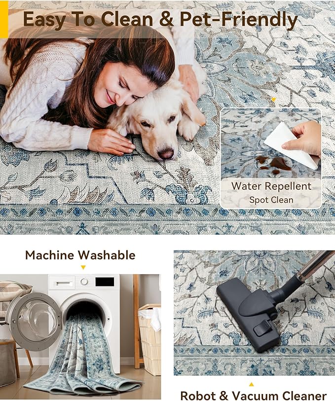 RELEANY Area Rugs Square 6ft Washable Non-Slip, Floral Vintage Distress Medallion Carpet for Living Room Bedroom Dining Room, Light Blue Navy Gray White