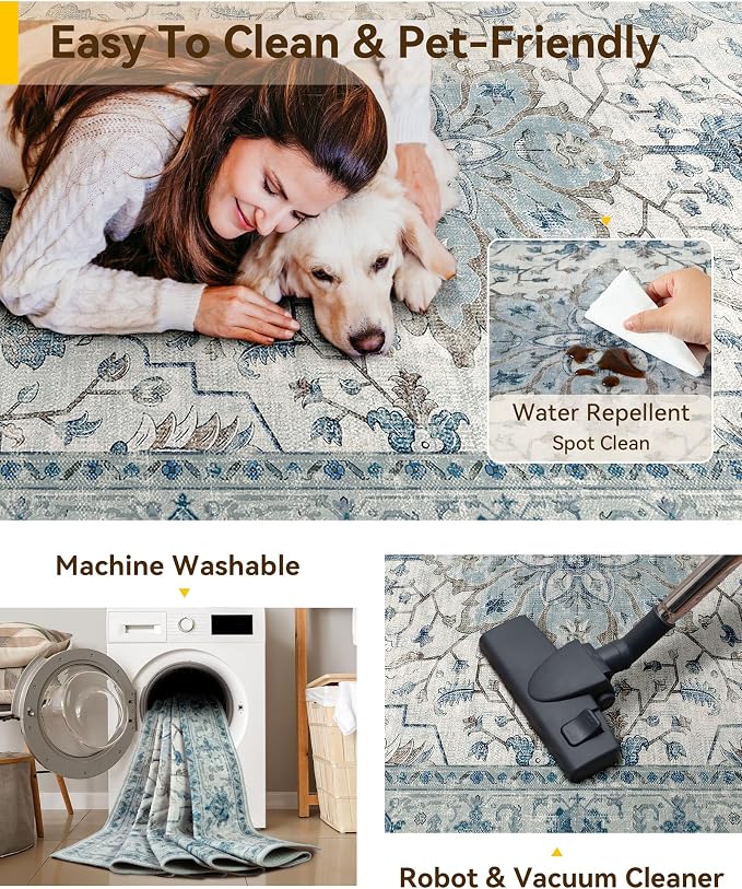 RELEANY Area Rugs Runner 2'6"x12' Washable Non-Slip, Floral Vintage Distress Medallion Carpet for Kitchen Hallway Bedroom Beside Laundry Room Bathroom, Light Blue Navy Gray White
