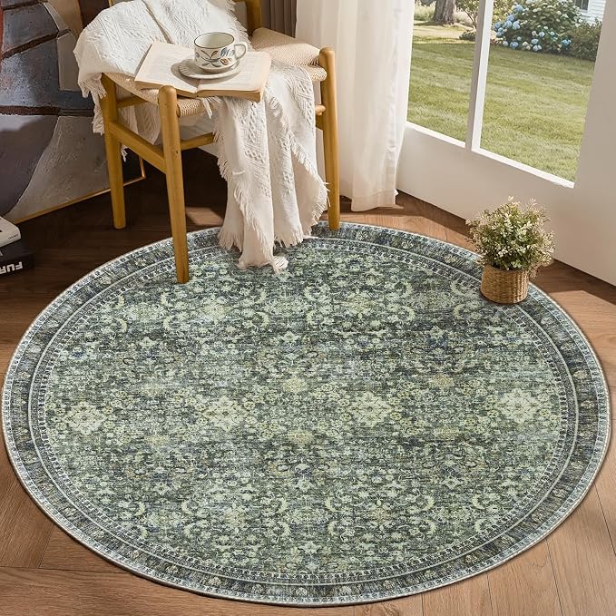 Sasttie Round Rug 4ft, Ultra-Soft Washable Circle Rug, Low Pile Foldable Thin Rugs with Non-Slip Backing, Skin-Friendly Stain Resistant Carpet for Living Room, Bedroom, Kitchen, Dorm, 4ft, Dark Green