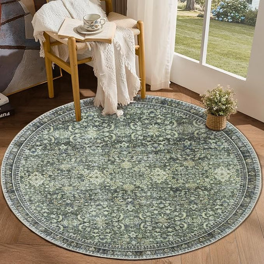 Sasttie Round Rug 4ft, Ultra-Soft Washable Circle Rug, Low Pile Foldable Thin Rugs with Non-Slip Backing, Skin-Friendly Stain Resistant Carpet for Living Room, Bedroom, Kitchen, Dorm, 4ft, Dark Green