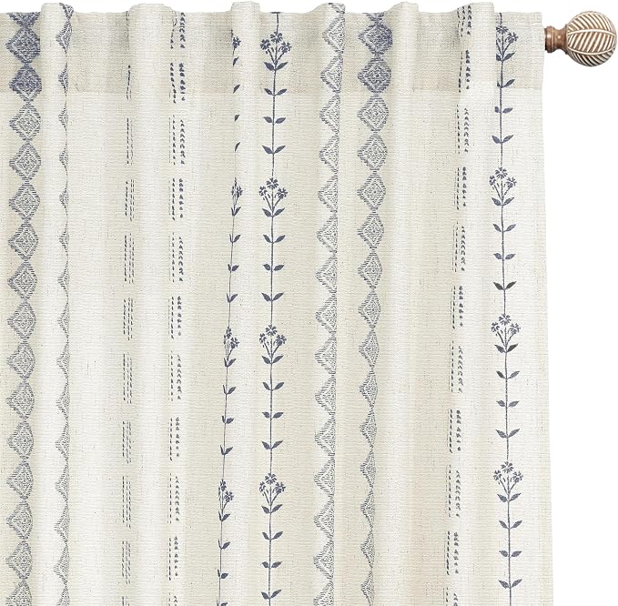 Sheer Linen Boho Patterned Curtains 50x63 Inches Long for Living Room 2 Panel Sets,Cream and Navy