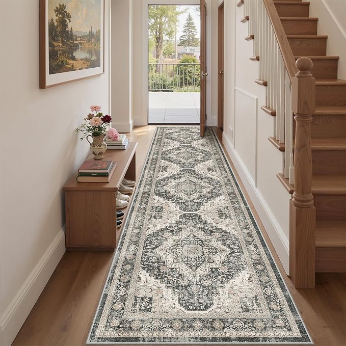 Roxstand Washable Runner Rug 2.6x10 Runners for Hallways, Ultra-Thin Carpet Runners for Entryway Anti Slip Backing Runner Rugs for Kitchen Laundry Room Indoor Hallway (Black/Beige)