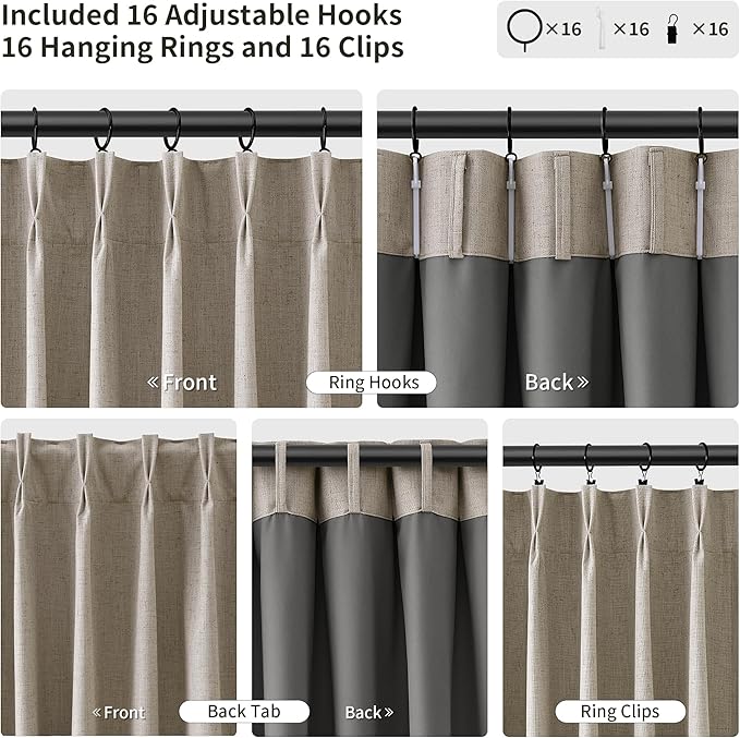 Apricot Pinch Pleated 100% Blackout Linen Curtains 120 Inch Long Insulated Thermal Soundproof Full Blackout Drapes for Bedroom Living Room Darkening Extra Long Pinch Pleat Linen Curtains 40x120