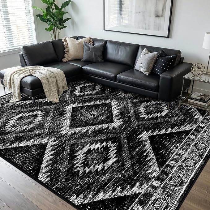BESTSWEETIE Area Rug 8x10 Rug Machine Washable Non-Slip Low Pile Print Pattern Western Rug for Living Room Bedroom Entryway Tribal Series -Black