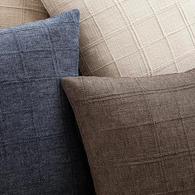 Foindtower Set of 2 Decorative Linen Check Throw Pillow Covers Neutral Farmhouse Vintage Cushion Covers Modern Boho Home Decor for Sofa Chair Couch Bedroom Living Room,26×26 Inch,Dark Brown