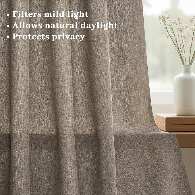 Burlywood Linen Curtains 90 Inch Length 2 Panels for Living Room, Pinch Pleated Light Filtering Semi Sheer Boho Window Drapes for Bedroom Hooks Back Tab Curtain 90 Inches Long Light Tan