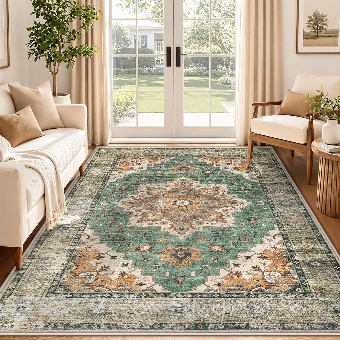Area Rug 5x7 Vintage Rug: Washable Indoor Medallion Rugs Low Pile Distressed Floor Carpet Retro Accent Rug for Living Room Bedroom Kitchen Dining Table Home Office(Brown Green, 5'x7')