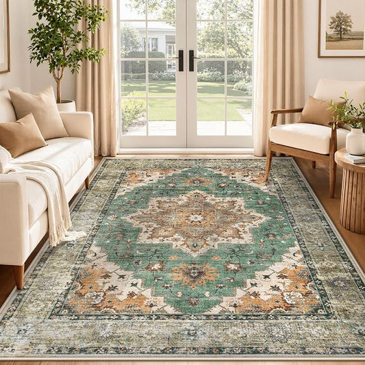 Area Rug 5x7 Vintage Rug: Washable Indoor Medallion Rugs Low Pile Distressed Floor Carpet Retro Accent Rug for Living Room Bedroom Kitchen Dining Table Home Office(Brown Green, 5'x7')