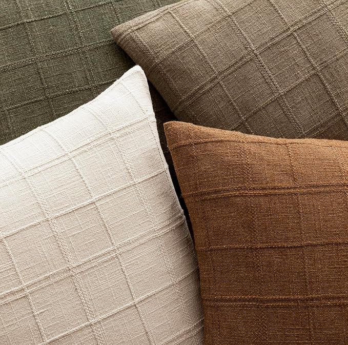 Foindtower Set of 2 Decorative Linen Check Throw Pillow Covers Neutral Farmhouse Lumbar Cushion Covers Modern Boho Home Decor for Sofa Chair Couch Bedroom Living Room,12×20 Inch,Light Brown