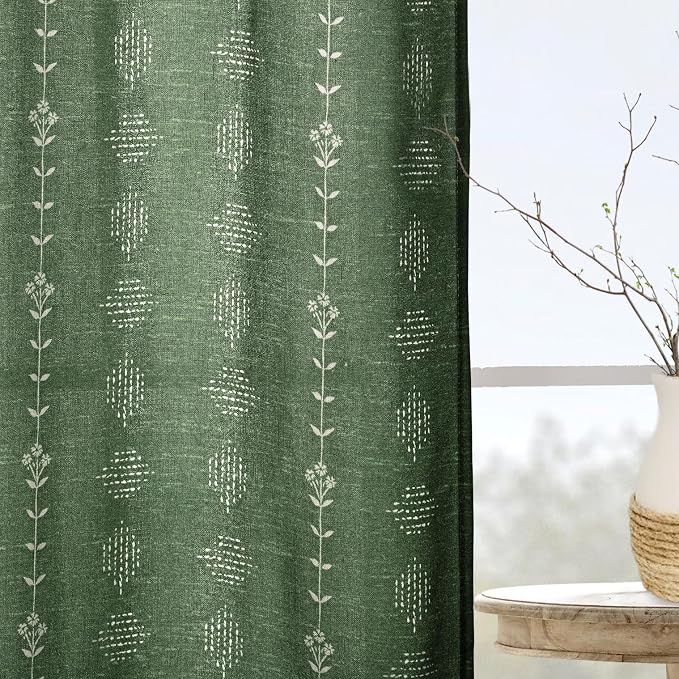 Dark Olive Green Linen Curtains 96 Inches Long 2 Panel Set, Floor to Ceiling Boho Striped Light Filtering Semi Sheer Drapes for Bedroom Living Room