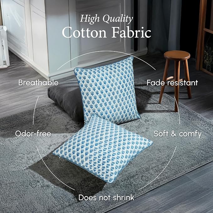 CPC 100% Cotton Throw Pillow Covers 16X16 Blue Block Print Pattern Couch Pillow, Cute Boho Decorative Pillows for Living Room, Bedroom with Hidden Zipper- Apatite Blue