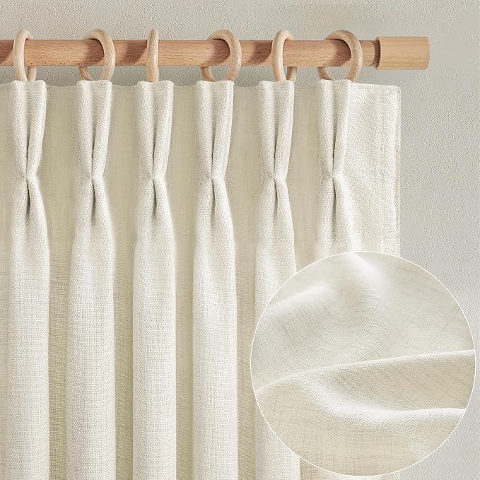 Custom Memory Shape Pinch Pleated 105 Inch Curtains for Kids Room 2 Panels Set, Cream Beige Semi Sheer Linen Blend Tall Drapes Privacy Light Filtering Decorative Curtain with Back Tab 8-3/4 FT Length