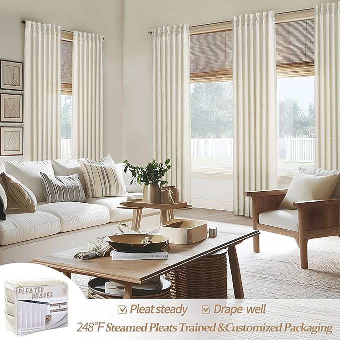 Extra Long Floor to Ceiling Drapes 108 Inches Long 2 Panels Set for Sliding Glass Door, Pinch Pleat Cream Sheer Curtain Privacy Light Filtering Bedroom Window Drapes 40"W x 108"L(Linen Blend Back Tab)
