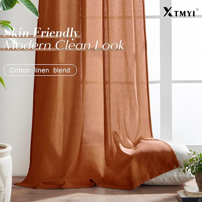 XTMYI Burnt Orange Curtains 2 Panels 84 Inches Long for Bedroom,Boho Back Tab Hooks Pleated Linen Sheer Pumpkin Color Fall Curtains for Living Room