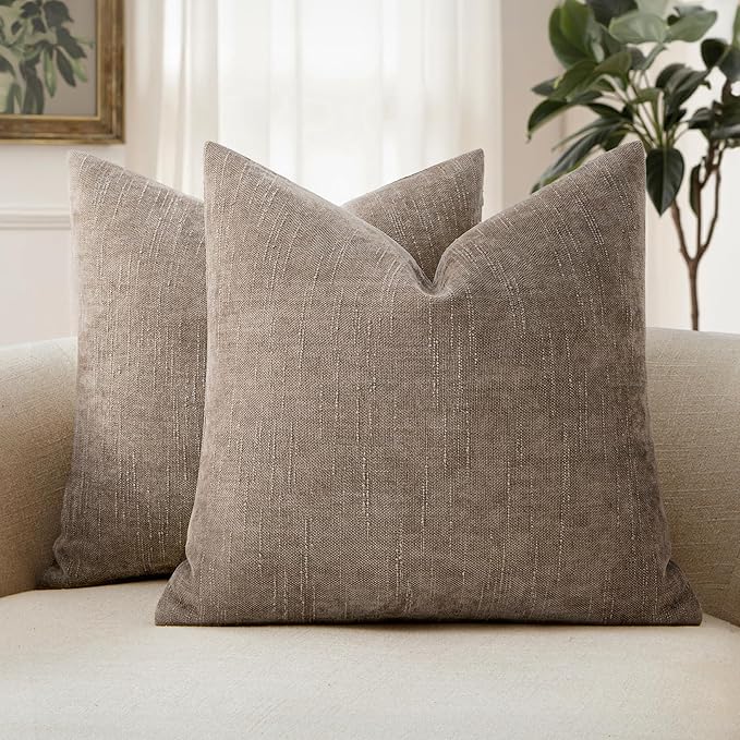 MIULEE Pack of 2 Decorative Throw Pillow Covers Soft Chenille Throw Pillows Solid Textured Cushion Covers for Couch Sofa Bedroom Living Room 20x20 Inch,Light Taupe