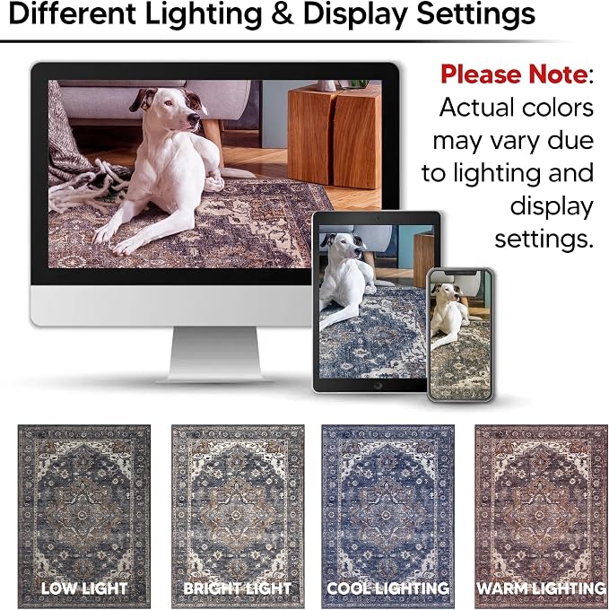 Keen Home Design 6x9 Rug - Machine Washable Area Rug with Non-Slip Backing, Ideal for Living Room, Dining Room, Bedroom - Vintage, Easy Clean, Durable, Low Pile Rug - (6' x 9')