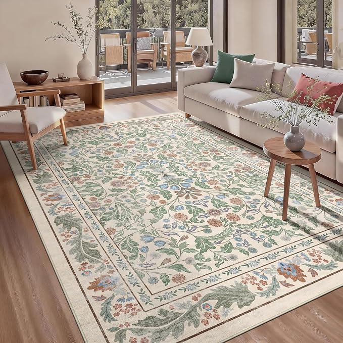 Floral 5x7 Area Rugs for Living Room, Machine Washable Vintage Rug Boho Low Pile Carpets Non Slip Soft Carpet for Farmhouse Bedroom Office Rugs, Kids Room, Nursery Room, Playroom, Beige
