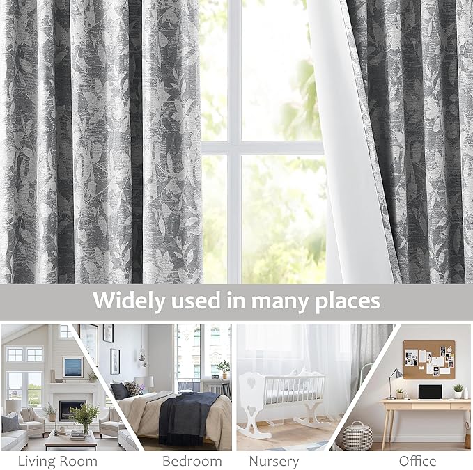 Randll Pinch Pleat90% Blackout Curtain Floral Jacquard Thermal Insulated Drape for Living Room Bedroom 63 Inch Long Gray Leaf Printed Botanical Pattern Back Tab Window Treatment Set,40"x63",2 Panels