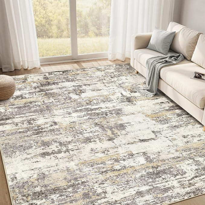 7x9 Area Rug Living Room Rugs: Washable Large Soft Abstract Modern Neutral Rug Stain Resistant & Non-Slip Low-Pile Carpet for Bedroom Dining Nursery Home Office Room Decor - Gold Brown
