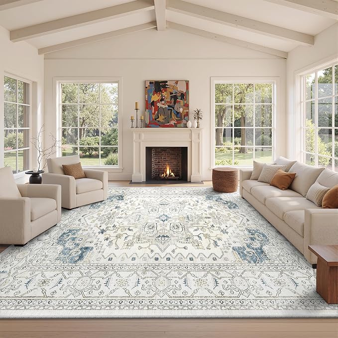 Washable 9x12 Area Rugs, Large Rugs for Living Room Stain Resistant Carpet Vintage Rugs for Bedroom with Non Slip Backing Home Decor(9x12,BeigeBlue)