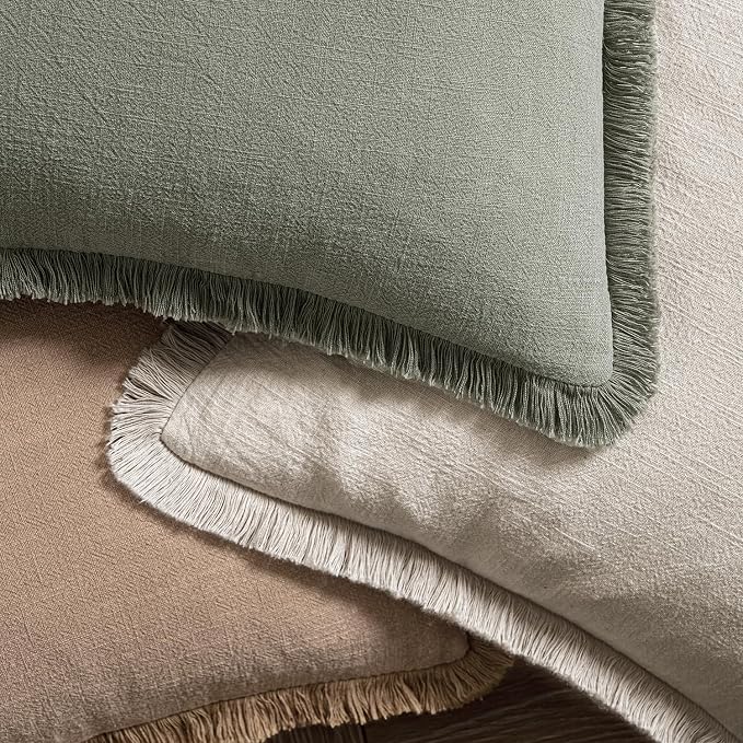 MIULEE Decorative Throw Pillow Covers Neutral Linen Fringe Throw Pillows Set of 1 Natural Beige Boho Farmhouse Cushion Covers for Couch Sofa Bed Living Room Spring Home Decor 14x36 Inch