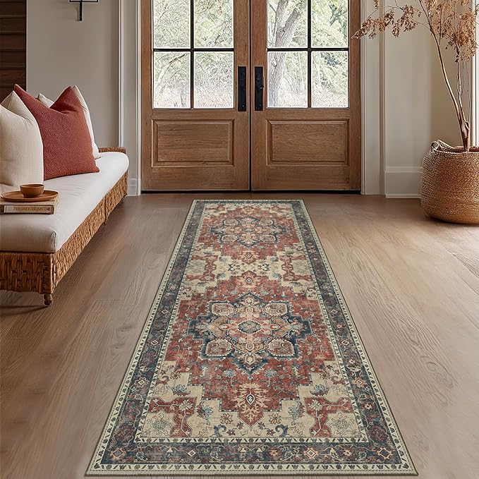 GENIMO 2'6''x14 Runner Rugs for Hallway, Machine Washable Non Slip Vintage Retro Rugs, Low Pile Lightweight Soft Print Rug for enrtyway, Corridor, Home Office, Kitchen, Bordeaux